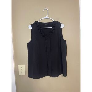 Talbots Women Black Polyester V Neck Ruffle Tank Top Sleeveless Blouse Petite 14